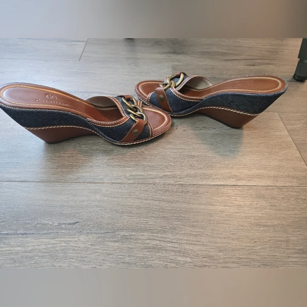 Cole Haan Leather Denim Metal Detail Wedges Ladies Size 7.5